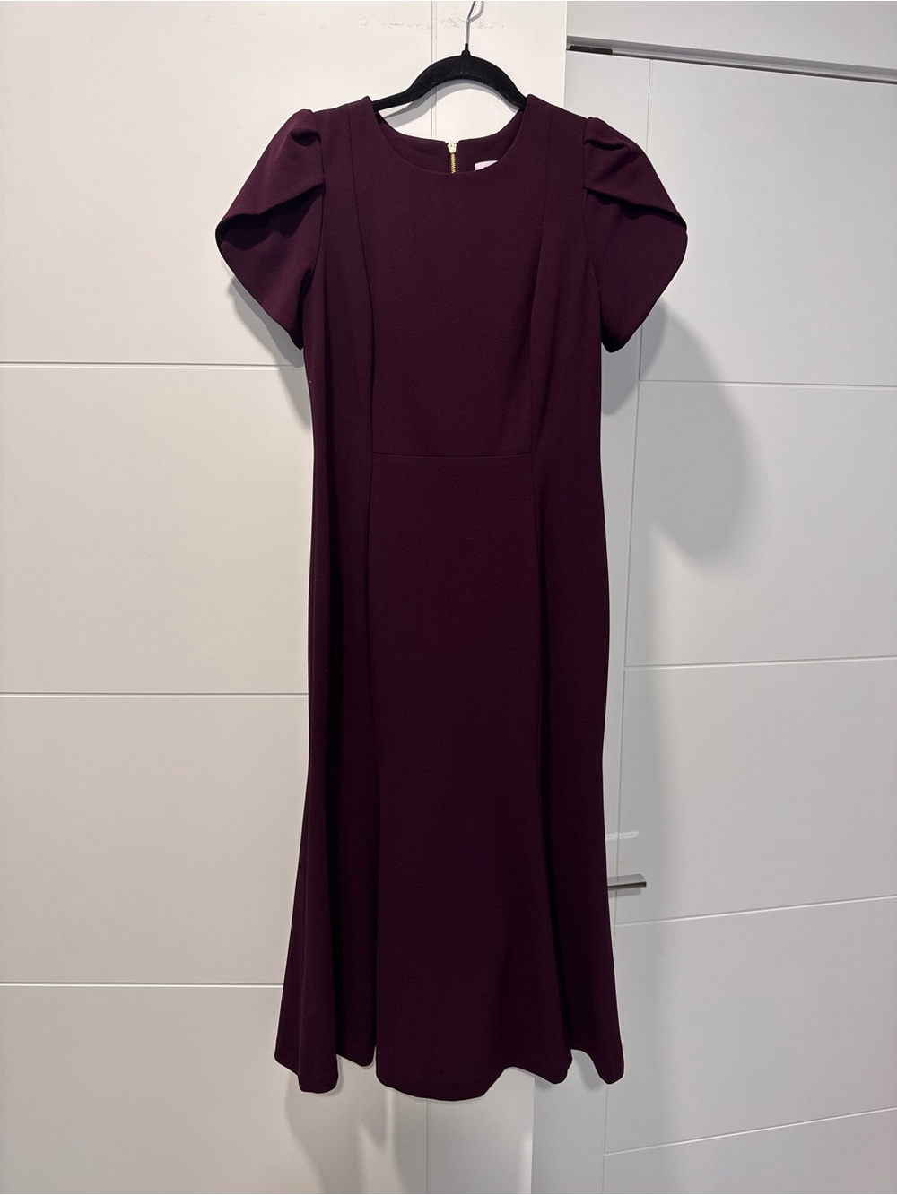 Calvin Klein Burgundy Midi Dress with Puff Sleeves